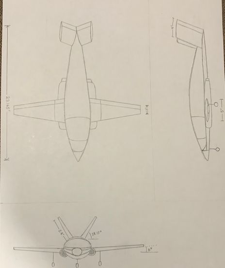 Hand-drawn three-view sketch of the Savegull UAV